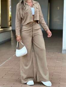 LUNNELUX Women Fall Khaki 2 Pieces Outfits, Lapel Pocket Cropped Jacket & High Waist Drawstring Wide Leg Pants, Casual Daily Streetwear Set - Khaki - View 8