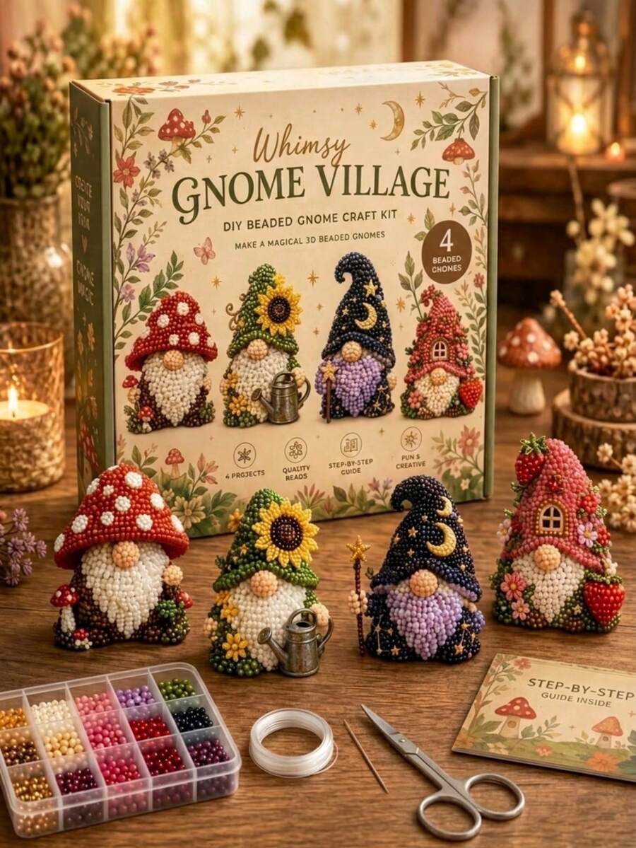 1 Set 3D Beaded Forest Gnome DIY Handmade Material Kit, Mushroom Sunflower Moon House Theme Beaded Art Craft Material Set, Suitable For Home Decor, Room Decoration, Desktop Ornament, Handmade Project, Creative Handmade Gift And Seasonal Display - Jewelry Making Kit - View 1