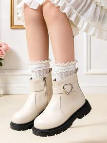 1 Pair Kids Heart Metal Buckle Decor Ankle Boots With Side Zipper Design, Suitable For School Daily Wear, Outdoor Outings, School Commuting, Autumn/Winter - Beige - View 8