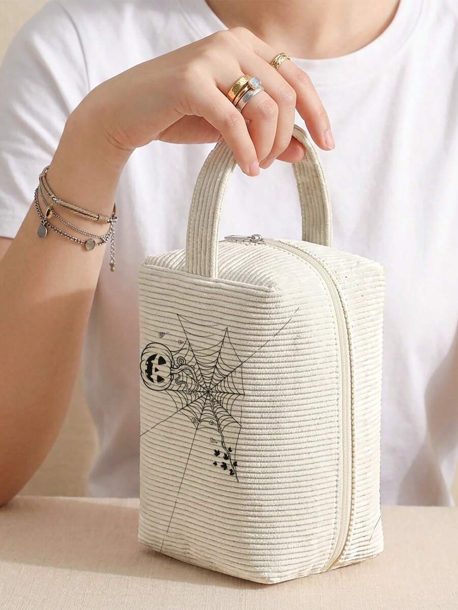 1pc Halloween Spider Web Print Corduroy Pouch With Handle, Makeup & Toiletry Bag, Zipper Closure. Durable, Multi-Use For Travel, Daily & Students - Multicolor - View 1