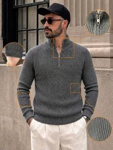 Lookun Men's Half-Zip High Neck Pullover Sweater, Autumn/Winter Dropped Shoulder Long Sleeve Casual Relaxed Street Style Outfit For Store Visits And Short Trips - Dark Grey - View 2