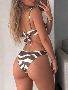 HOTTIE HABIT 女款斑馬紋方領比基尼套裝，寬肩帶兩件式泳衣，高衩性感泳裝，適合夏季海灘泳池度假 - 彩色 - 查看 5