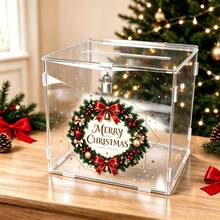 1pc Red & Gold Floral Wreath Christmas Acrylic Card Box With Lock Design, Christmas Party Desktop Greeting Card Envelope Gift Storage Box - Multicolor - View 3