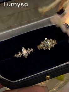 2pcs Elegant Cubic Zirconia Oval Open Copper Ring Set, Suitable For Women's Ball And Wedding Wear - Yellow Gold - View 2