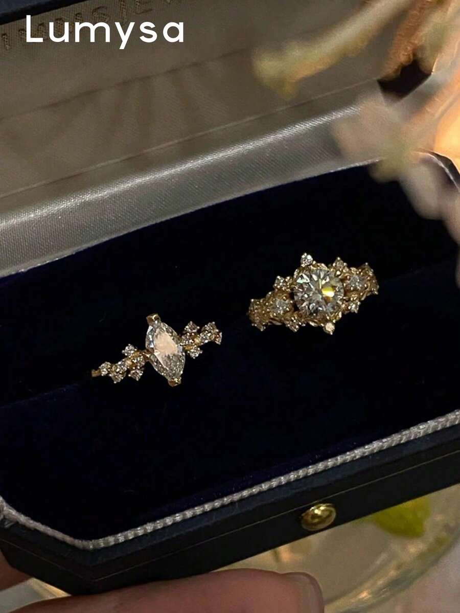 2pcs Elegant Cubic Zirconia Oval Open Copper Ring Set, Suitable For Women's Ball And Wedding Wear