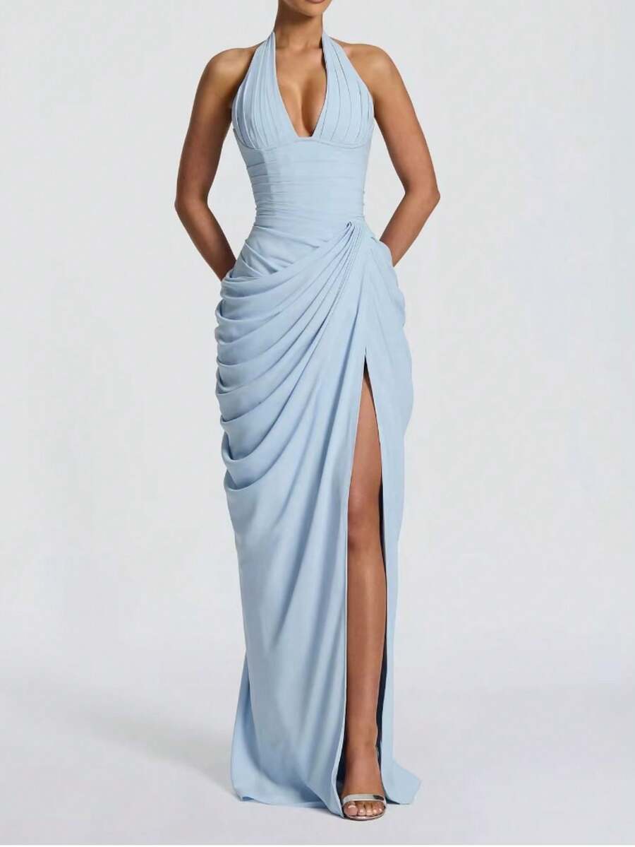 Sexy Romantic Chiffon Asymmetrical Slit Evening Dress For Party And Date, Autumn - Blue - View 1