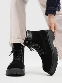 Sepatu Bot Ankle Pria Model Vintage Musim Gugur/Dingin, Ukuran Besar, Sepatu Bot Kerja Hak Tebal Bertali, Sepatu Bot Berkuda Kulit Tahan Lama dengan Resleting Samping, Cocok untuk Aktivitas Luar Ruangan, Perjalanan, Kencan, Pesta - Hitam - View 1