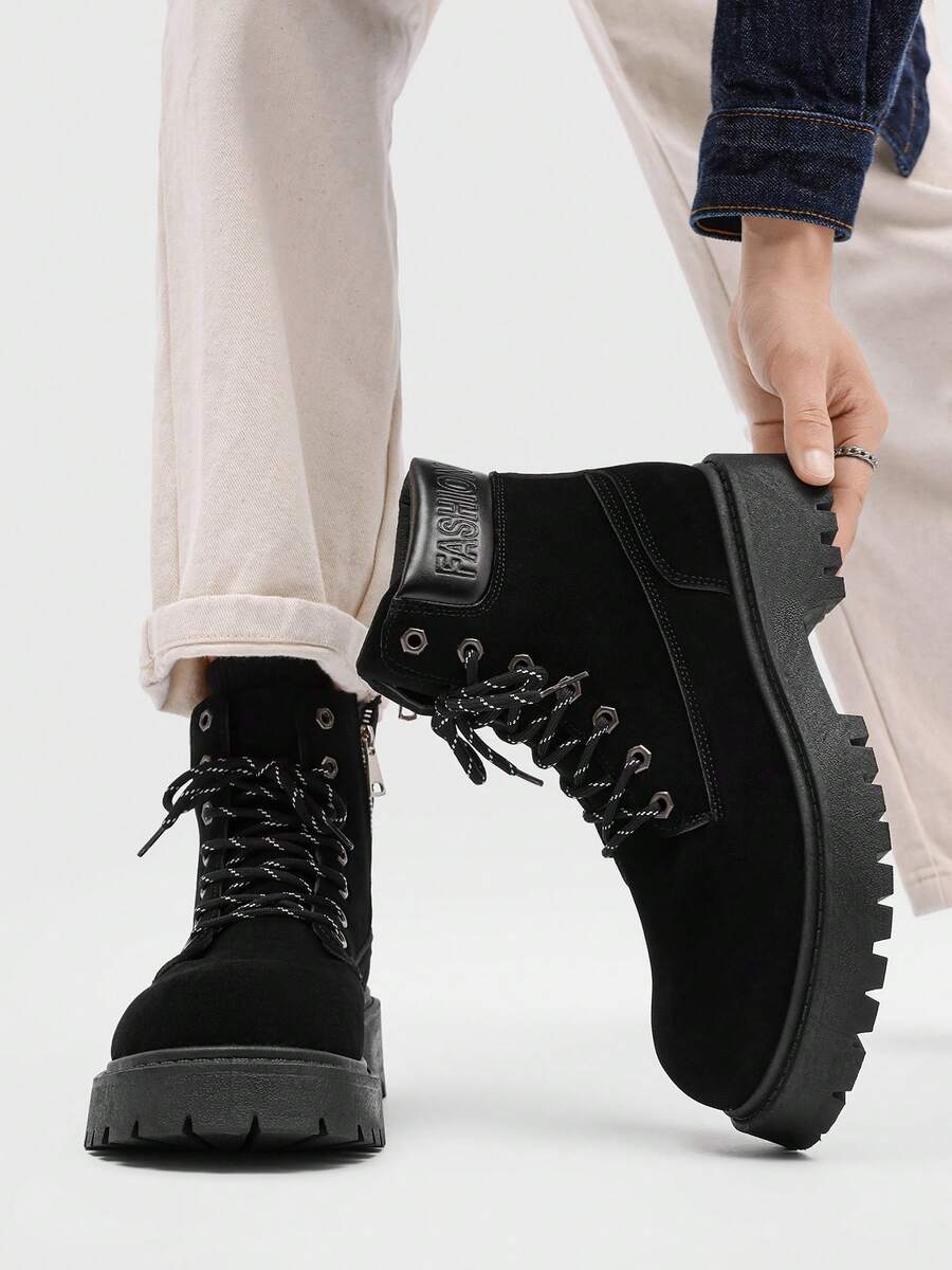 Sepatu Bot Ankle Pria Model Vintage Musim Gugur/Dingin, Ukuran Besar, Sepatu Bot Kerja Hak Tebal Bertali, Sepatu Bot Berkuda Kulit Tahan Lama dengan Resleting Samping, Cocok untuk Aktivitas Luar Ruangan, Perjalanan, Kencan, Pesta - Hitam - View 1