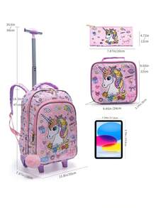 3PCS Kids Wheeled Travel Bag, Double-Sided Pink Cartoon Unicorn Sequins Design Bookbag For Students, With Handbag And Pen Bag, Nighttime Reflective. - Pink - View 4