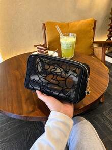 1pc Y2K Black Mesh Cosmetic Bag, Flocked Heart Pattern Makeup Pouch With Star Zipper Pull, Portable Large Capacity Travel Toiletry Storage Bag - Multicolor - View 1