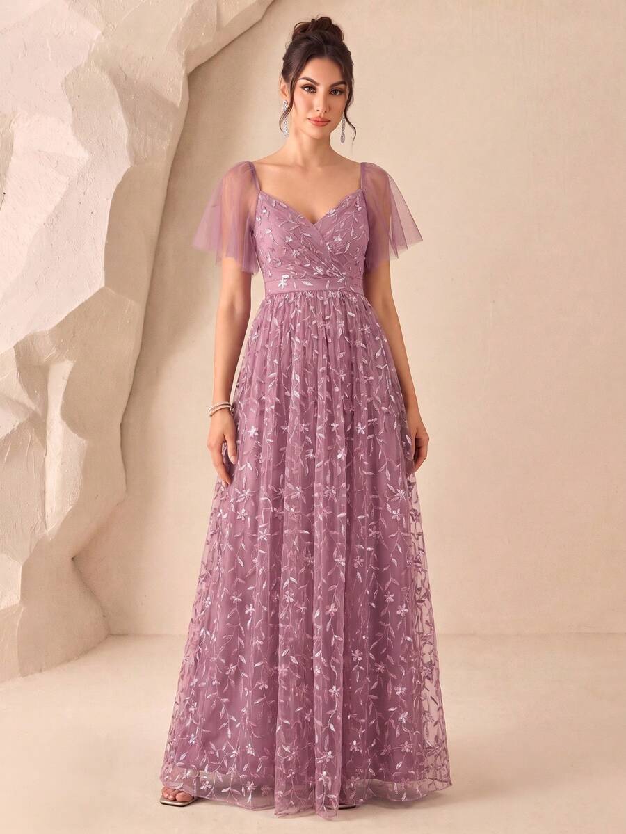優雅V領刺繡蕾絲A字大禮服 - 藕粉色 - 查看 1