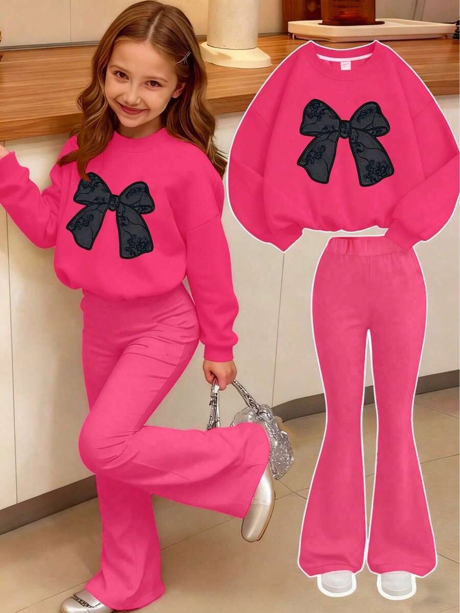 2pcs/Set Teenage Girls Bow Print Crew Neck Sweatshirt + Pants, New Fashionable Casual Outfit, Suitable For Travel - Hot Pink - View 1