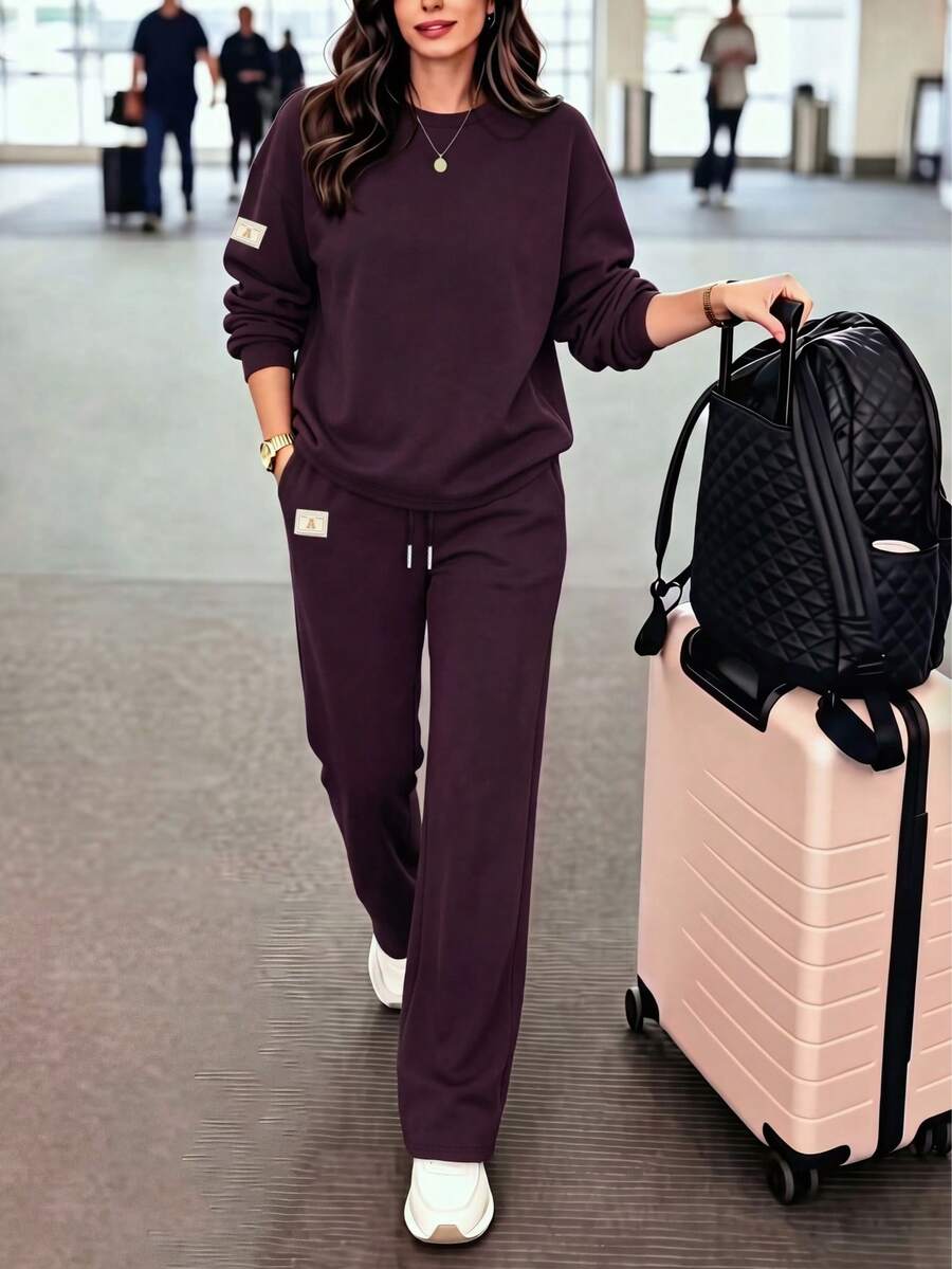Women's Casual Loose Brown 2 Pieces Set, Round Neck Top With Wide Leg Pants, Autumn Daily Outfit Choice - Khaki - View 1