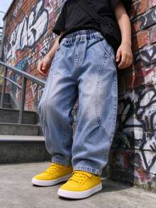 Young Boy Autumn Loose Fit Straight Leg Jeans Suitable For Daily, School, Casual, Outdoor Wear - Blue - View 4