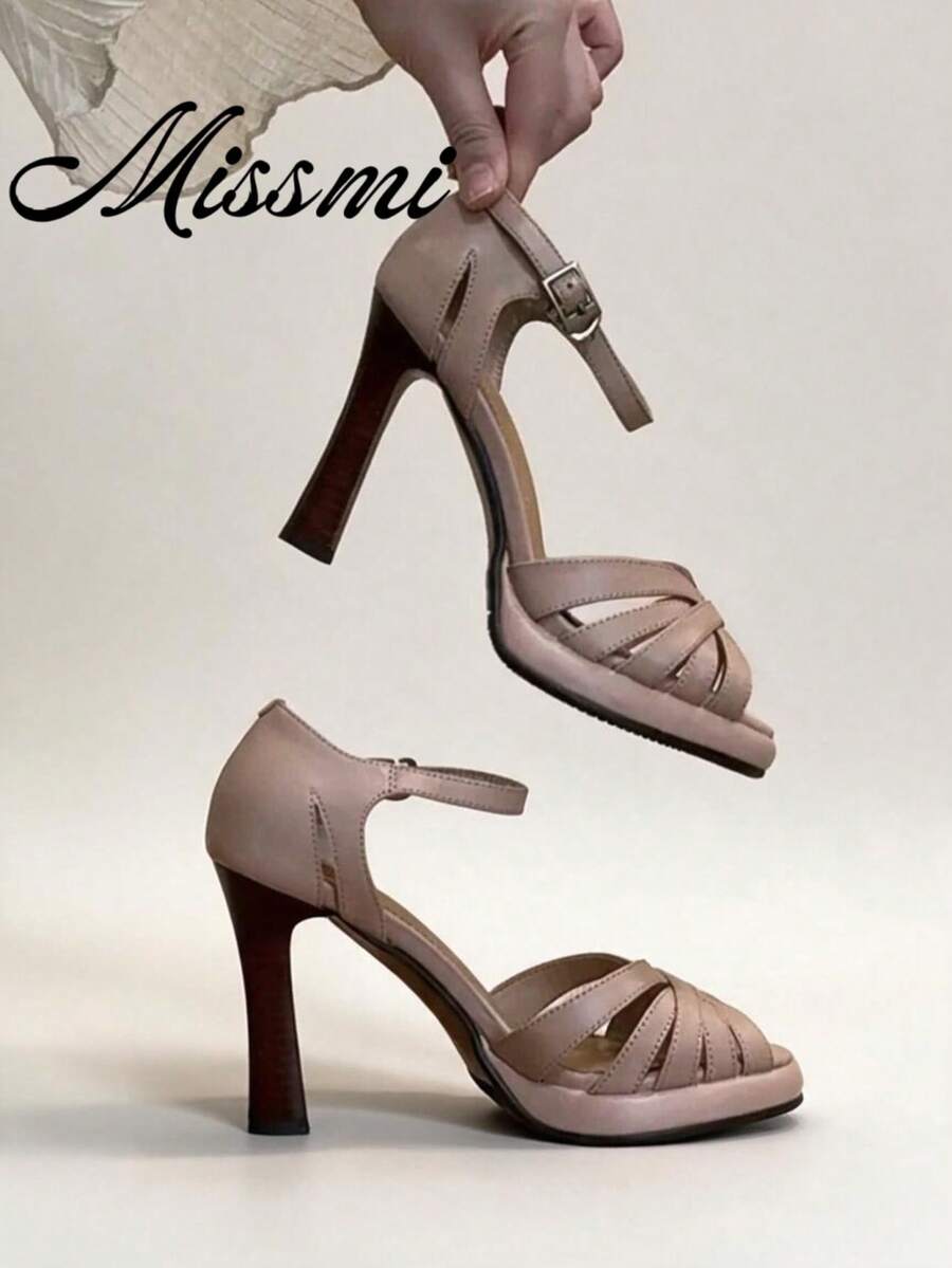 European And American Retro Fashion Woven Hollow Peep-Toe Strap Platform Thick Heel High Heels For Women,Summer Shoes - Apricot - View 1
