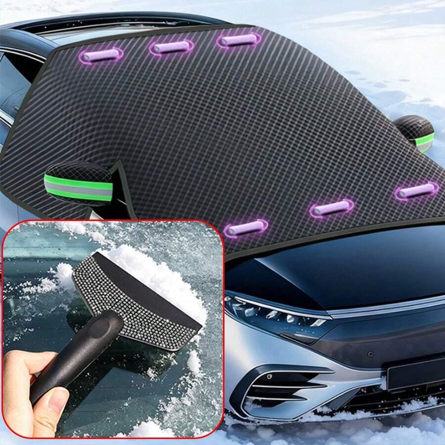 Rhinestone-Decorated Snow Scraper + Windshield Snow Cover Car Set, Winter Anti-Snow And Frost Protection, Snow Guard For Car Windows, Easy Ice And Snow Removal, Stylish And Practical Car Accessory