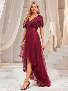 V-Neck Contrast Color Sequin High-Low Hem Mesh Cocktail Dress, Formal Wedding Guest Dress, Graduation Ceremony Dress, Evening Gown - Burgundy - View 1