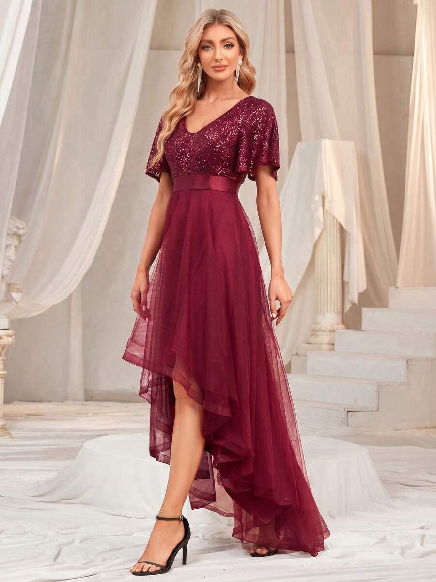 V-Neck Contrast Color Sequin High-Low Hem Mesh Cocktail Dress, Formal Wedding Guest Dress, Graduation Ceremony Dress, Evening Gown - Burgundy - View 1