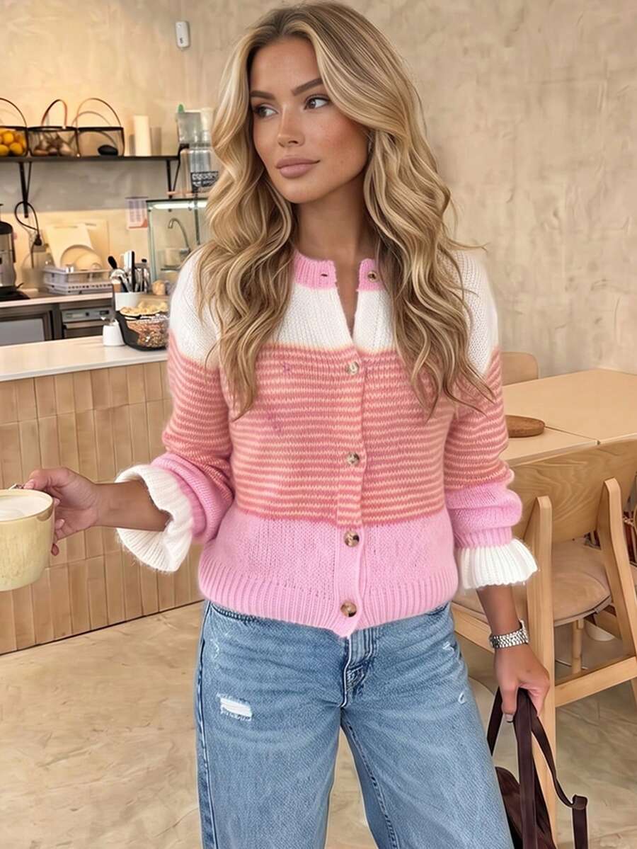Just Masa Women's Fall Winter Casual Y2K Contrast Stripe Sweater,Ruffle Balloon Sleeve Button Up Sweater Cardigan,For Daily Wear,Going Out,Christmas - Pink - View 1