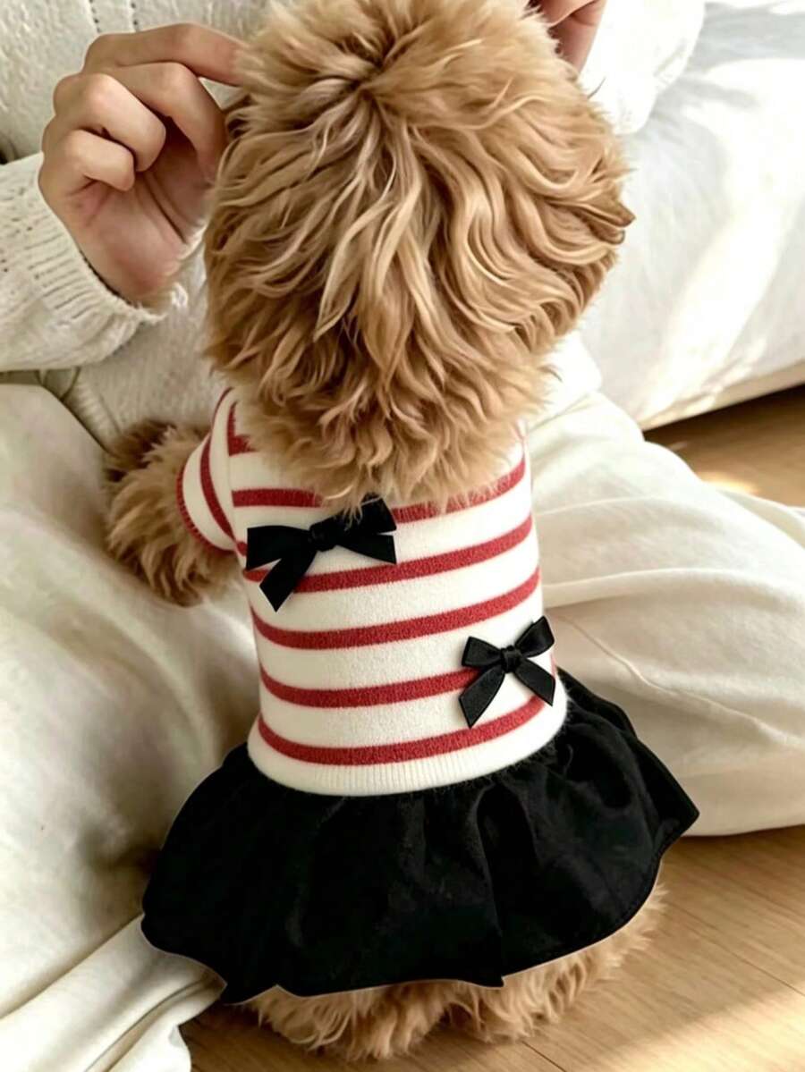 1pc Thickened Striped Short Sleeve Pet Dress For Dogs And Cats, Suitable For Autumn/Winter, Teddy, Pomeranian, Yorkshire Terrier, Bichon Frise - Red and White - View 1