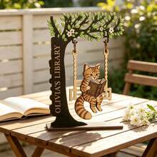 1pc Wooden Cat Swinging On Swing Reading Book Figurine, Personalized Carved Tree-Shaped Desktop Decor, Cute Animal Design Book Lover Commemorative Gift, Suitable For Home Library Reading Corner Decoration, Christmas, 2026 Christmas Decoration - Multiple Styles - View 7