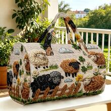 1pc Cream Color Quilted Round Handbag With Sheep Fence Sunflower Clover Pattern Farm Style Gift Thanksgiving Farm Decor - Multicolor - View 3