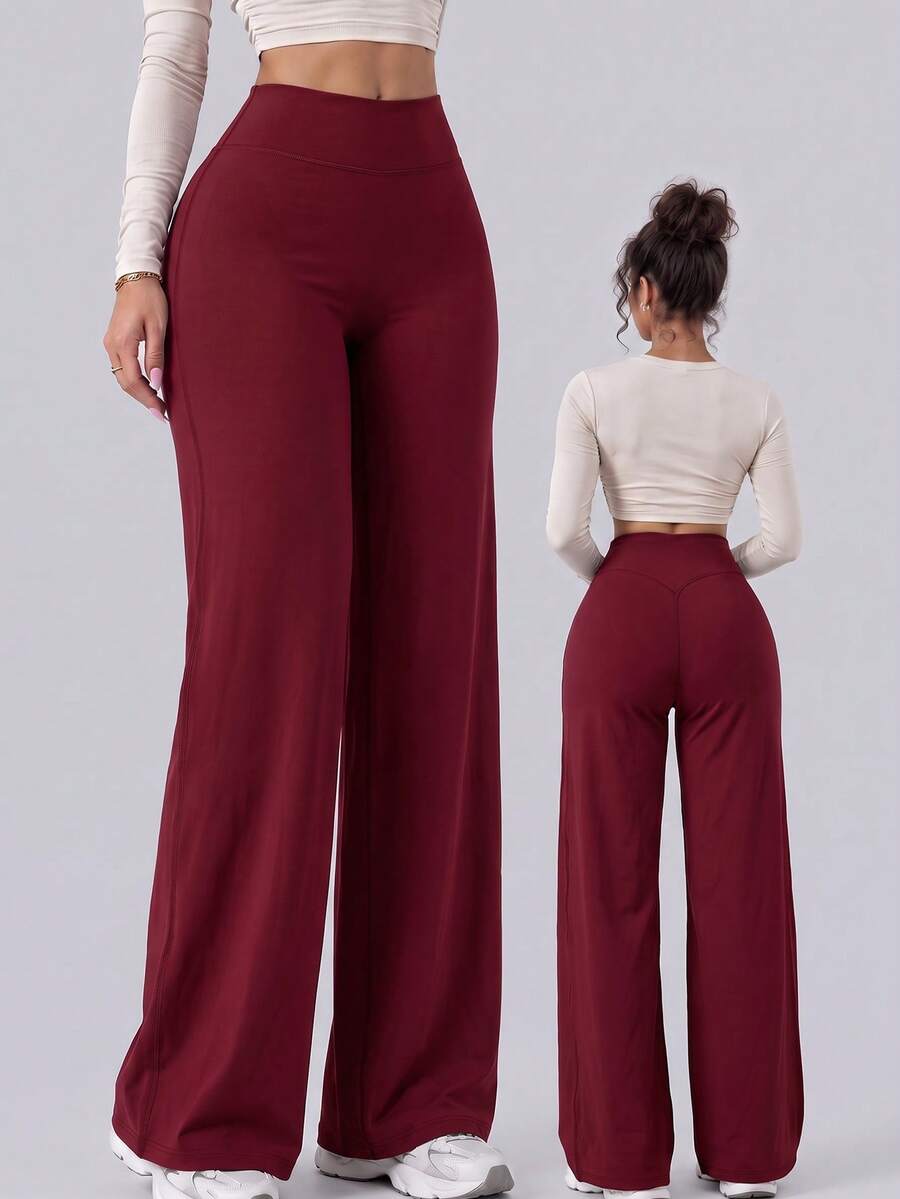 Women's High Waist Yoga Pants, Butt Lifting Elastic, Loose Leg, Sports Pants, Machine Washable Fall - Burgundy - View 1