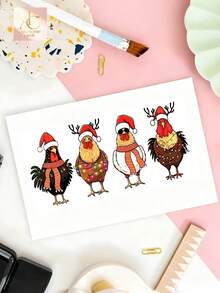 Cute Chicken Christmas Greeting Card, Four Roosters With Santa Hats & Fairy Lights, Farm Animal Holiday Card, Fun Rustic Xmas Stationery, Whimsical Christmas Gift Card For Farm Lover - One Size Fits All - View 3