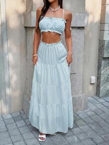 Vellofy Women's Autumn/Winter Blue Ruffle Camisole Top + Layered Long Skirt Two Pieces Set, Elastic Waist Outfit, Suitable For Home Leisure, Daily Dating And Parties - Baby Blue - View 6