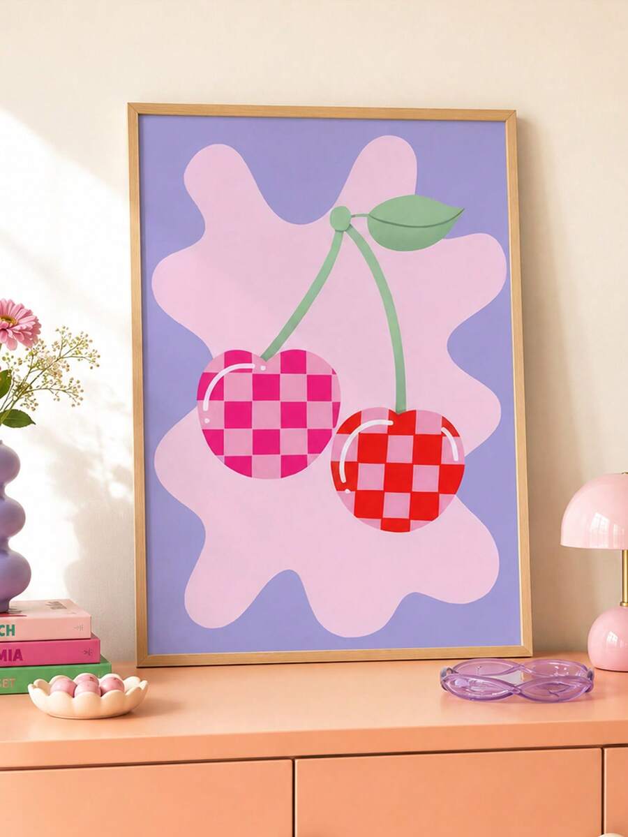 1 Piece Unique Danish Cherry Canvas Art Painting, Vibrant Pastel Color Tone Wall Decor, Suitable For Living Room, Bedroom, Kitchen And Home Office - Multicolor - View 1