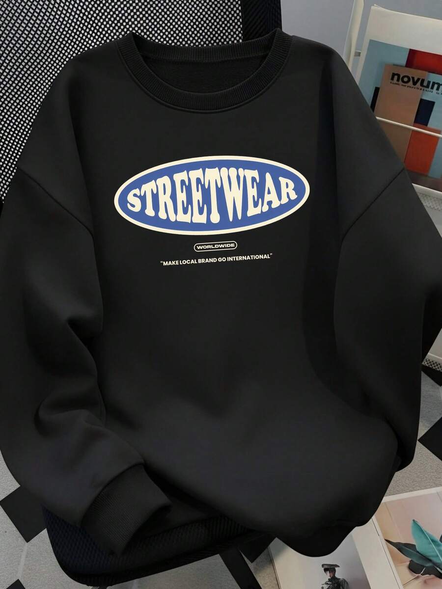 Sweatshirt Wanita Leher Bulat Motif Huruf Biru Retro Minimalis, Gaya Jalanan Ukuran Besar, Pakaian Luar Serbaguna untuk Sehari-hari, Sweatshirt Musim Gugur - Hitam - View 1