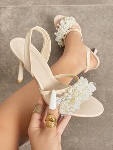 Women's Fashion Elegant Round Toe Apricot One-Strap Back Ankle Strap Pearl Decor Glamorous Party High Heel Sandals, Suitable For Outings And Banquets - Apricot - View 1