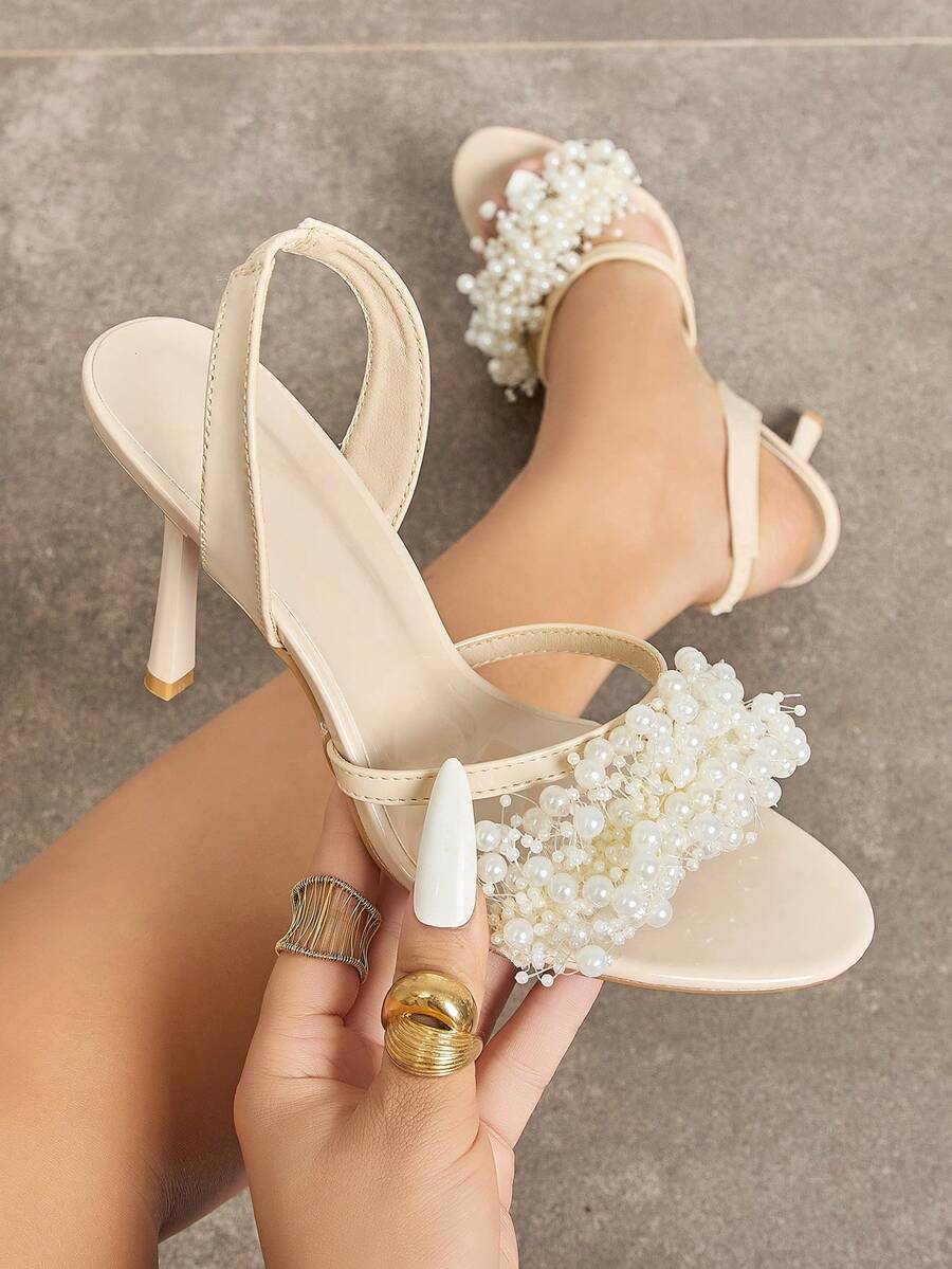 Women's Fashion Elegant Round Toe Apricot One-Strap Back Ankle Strap Pearl Decor Glamorous Party High Heel Sandals, Suitable For Outings And Banquets - Apricot - View 1