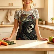1pc Halloween Skull Floral Party Print Apron - Halter Neck Sleeveless Design, Decorated With Skull, Wavy Halo, Rose And Daisy Patterns, Suitable For Kitchen Cooking, Housework Cleaning And Halloween Party Use, Home Decor, Atmosphere Apron, Fun Home Daily Necessities, Joyful Holiday Gift - Multicolor - View 7