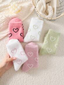 2/4/10 Pairs White And Pink Fuzzy Women's Mid-Calf Socks, Heart Pattern Warm Socks, Soft And Comfortable, Random Color - Multicolor - View 8