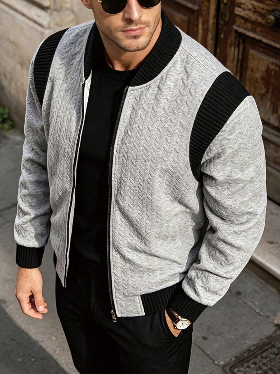 Men's Spring/Autumn Ribbed Patchwork Textured Jacquard Baseball Collar Zip-Up Sweatshirt, Casual Versatile - Grey - View 1