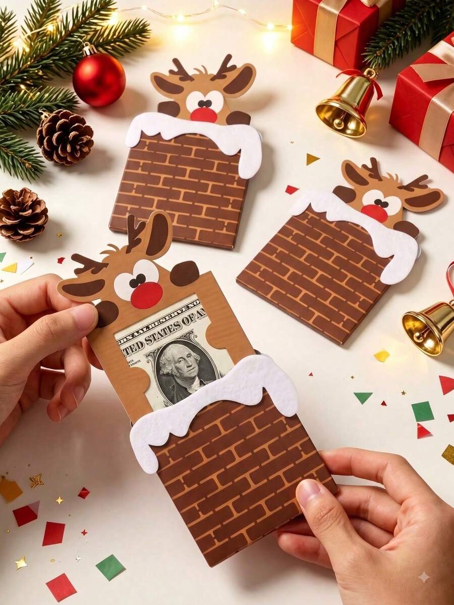 12/6/1pc Reindeer Chimney Christmas Cash Gift Storage Bag, Paper Money Envelope, Holiday Party Favor And Tabletop Decoration, Suitable For Family, Kids And Friends - Multiple Styles - View 1