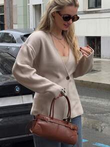 Live To Mo Women's V Neck Asymmetric Button Knit Cardigan, Minimalist Solid Color Long Sleeve Sweater,Casual For Fall Back To School & Business Wear - Oatmeal - View 1