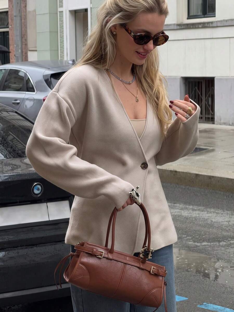 Live To Mo Women's V Neck Asymmetric Button Knit Cardigan, Minimalist Solid Color Long Sleeve Sweater,Casual For Fall Back To School & Business Wear - Oatmeal - View 1
