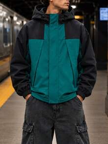 1pc Men's Casual Hooded Jacket With Zipper Pockets, Suitable For Daily Wear - Dark Green - View 1
