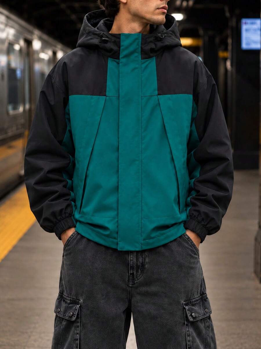 1pc Men's Casual Hooded Jacket With Zipper Pockets, Suitable For Daily Wear - Dark Green - View 1