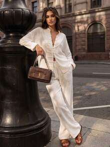 Women's White Non-Stretch 2 Pieces Casual Formal Wide Leg Pants Set, Suitable For Home Leisure, Travel And Vacation - White - View 6