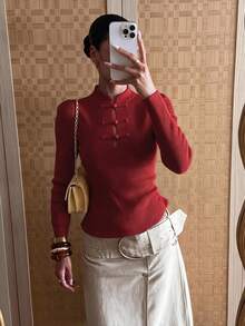 女款新款秋季小立領長袖針織上衣，優雅設計，適合日常、校園、通勤與旅行 - 紅色 - 查看 1