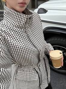 Women's Plaid French Style Stand Collar Trench Coat, Fashion Commute, French Elegant, Cinched Waist, Suitable For Daily Autumn/Winter Layering And Versatile - Black and White Checkered - View 7