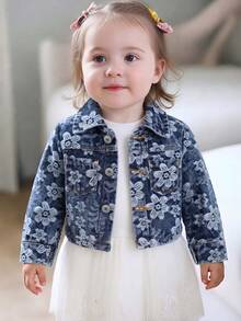 Baby Girl Spring Autumn Floral Print Denim Jacket Denim Top Denim Coat Front Button Long Sleeve Pocket Casual All Season Outdoor Wear - Blue - View 1