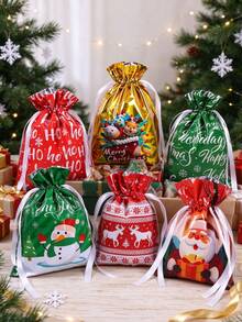 1 Set 32x24 Reusable Christmas Gift Bags With Foil Drawstring, Holiday Design, Suitable For Party Favors, Gifts And Decoration, Durable Plastic Material - Multicolor - View 7