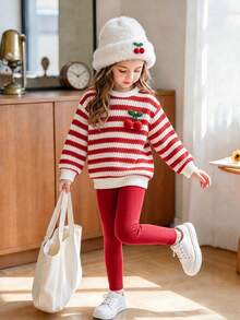 Girls Cute Sweet Round Neck Long Sleeve Red & White Striped 3D Cherry Pullover, Autumn Vintage Colorblock Round Neck Inner Top, Suitable For Outdoor Wear - Red - View 11