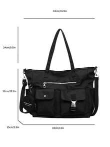 New Casual Solid-Color Nylon Shoulder Tote Bag With Coin Pouch Charm, Stylish Metal Buckle And Zipper Accents, Large Capacity, Multi-Pocket Handbag - Black - View 11