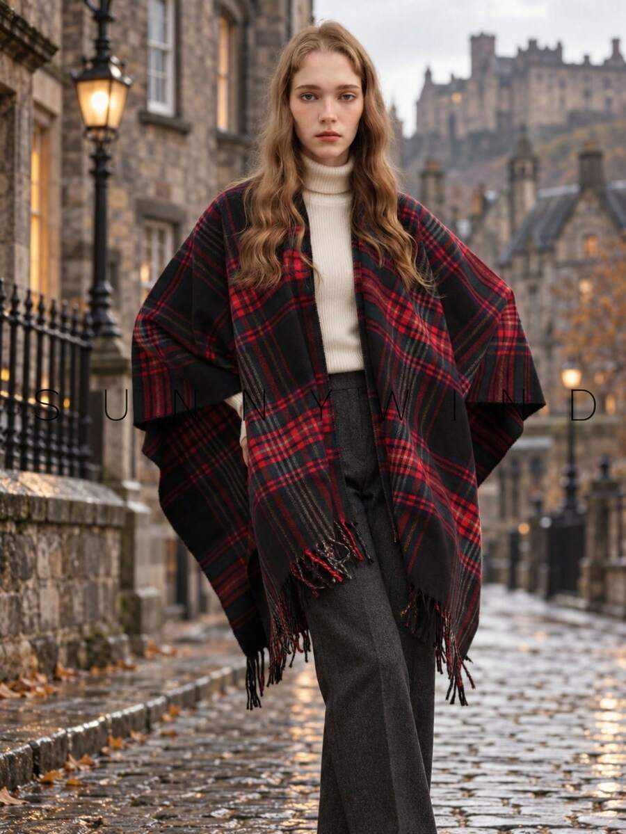 1pc Women's Solid Color Polyester Warm Versatile Elegant Casual Shawl For Daily Use - Black - View 1