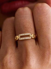 1pc 18K Gold Plated Luxury Chain Link Diamond Ring, Oval Chain Ring, Exquisite Holiday Party Gift For Women - Yellow Gold - View 4